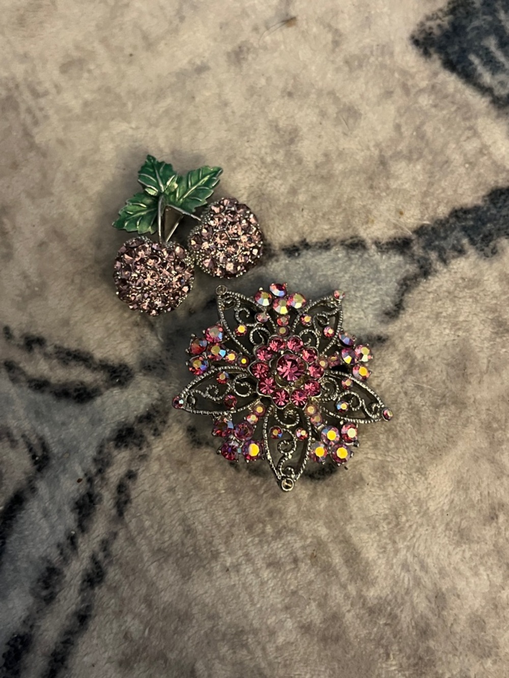 Pink Crystal Floral Brooch and Cherry Pin Set - Women Jewelry